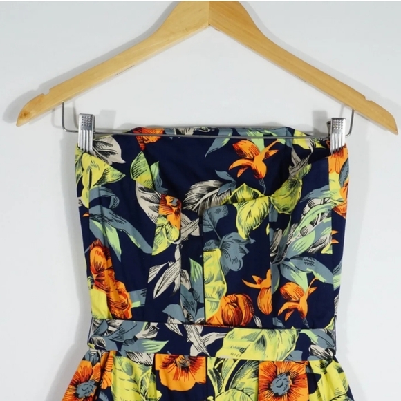French Connection Yellow & Green Floral Leaf Print Mini Strapless Dress Size 12 - Picture 2 of 7